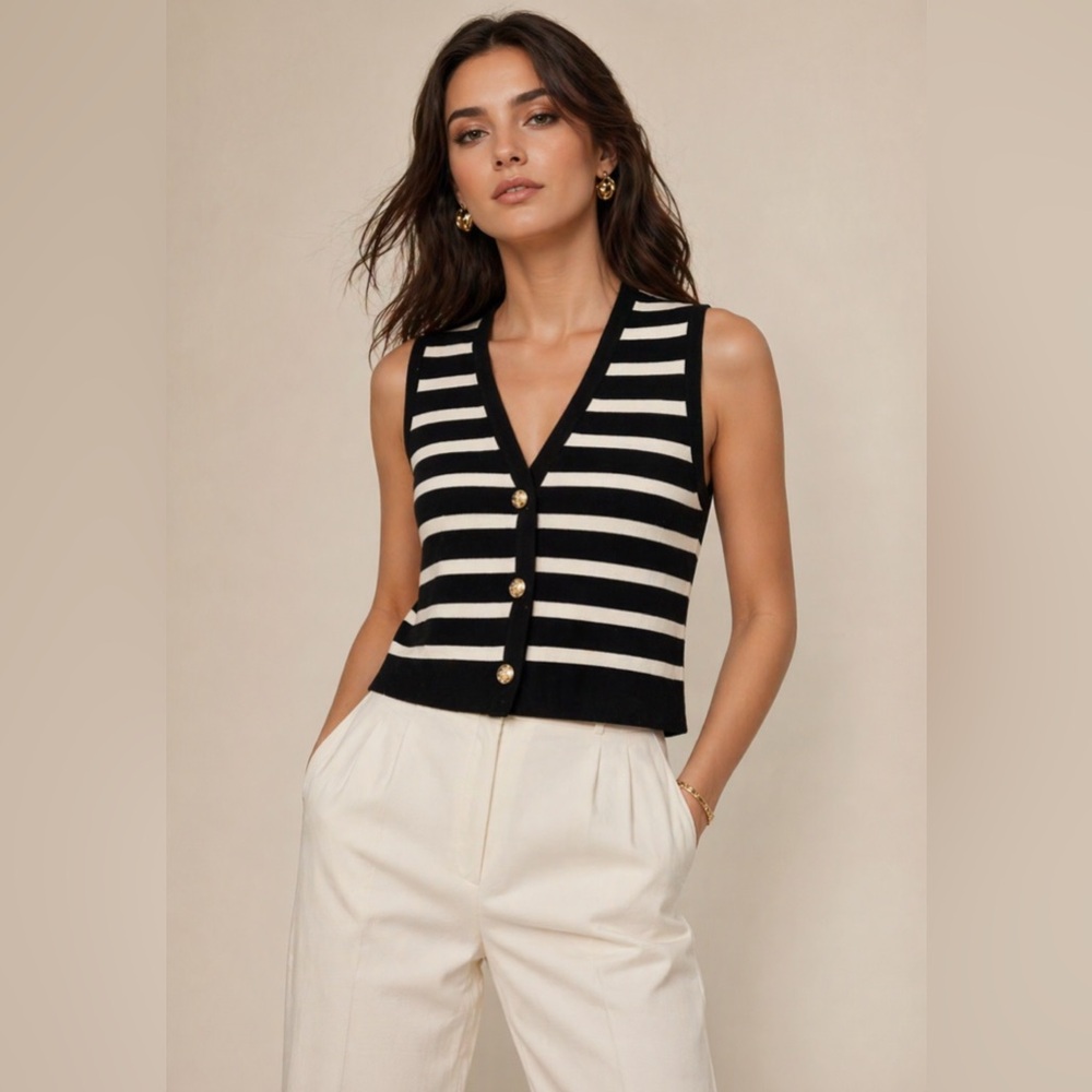 Lillusory Black White Striped Sweater Vest Button Front Size Large